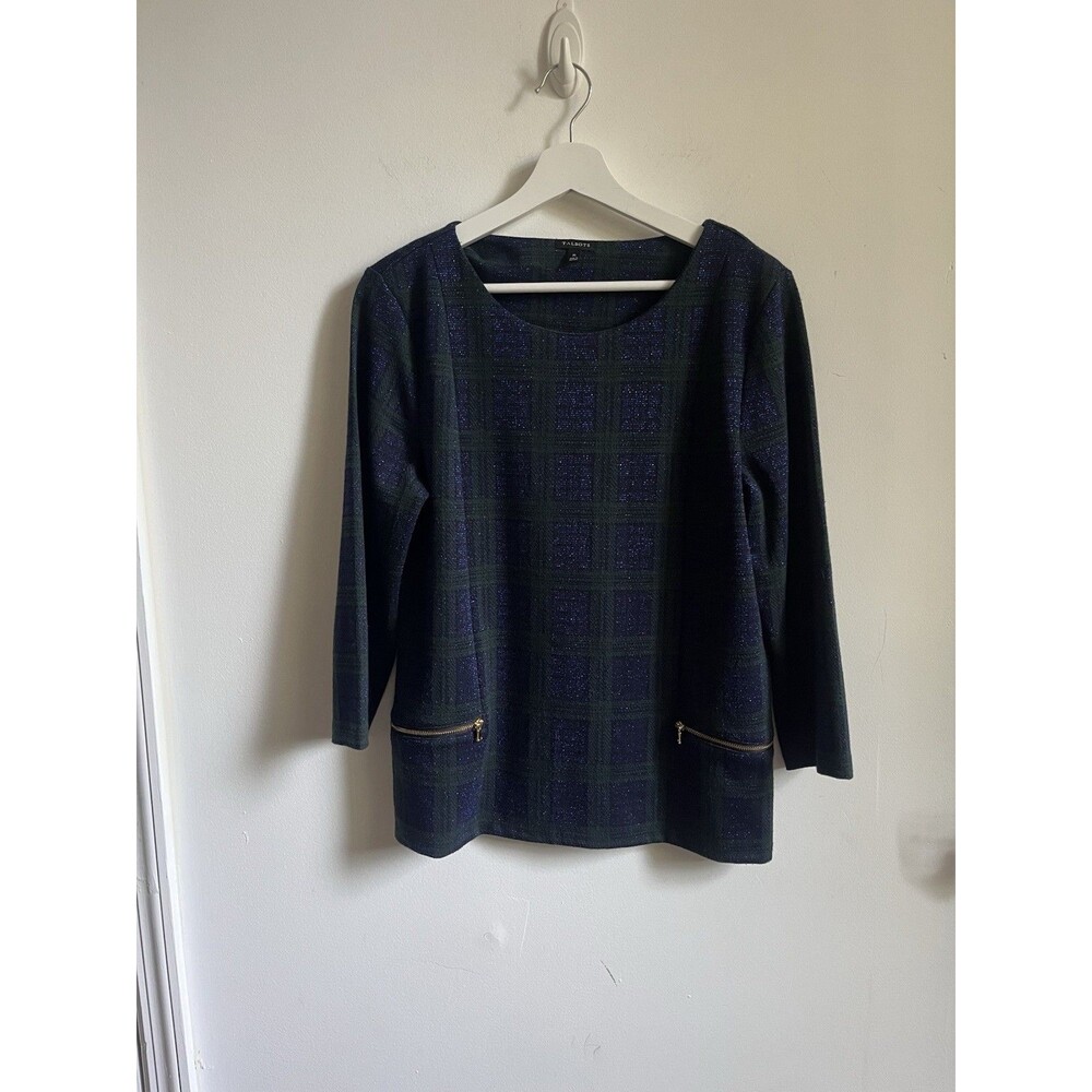 Talbots Blouse Top Sz M Blue Green Plaid Round Neck Pockets Pullover Gold Zip